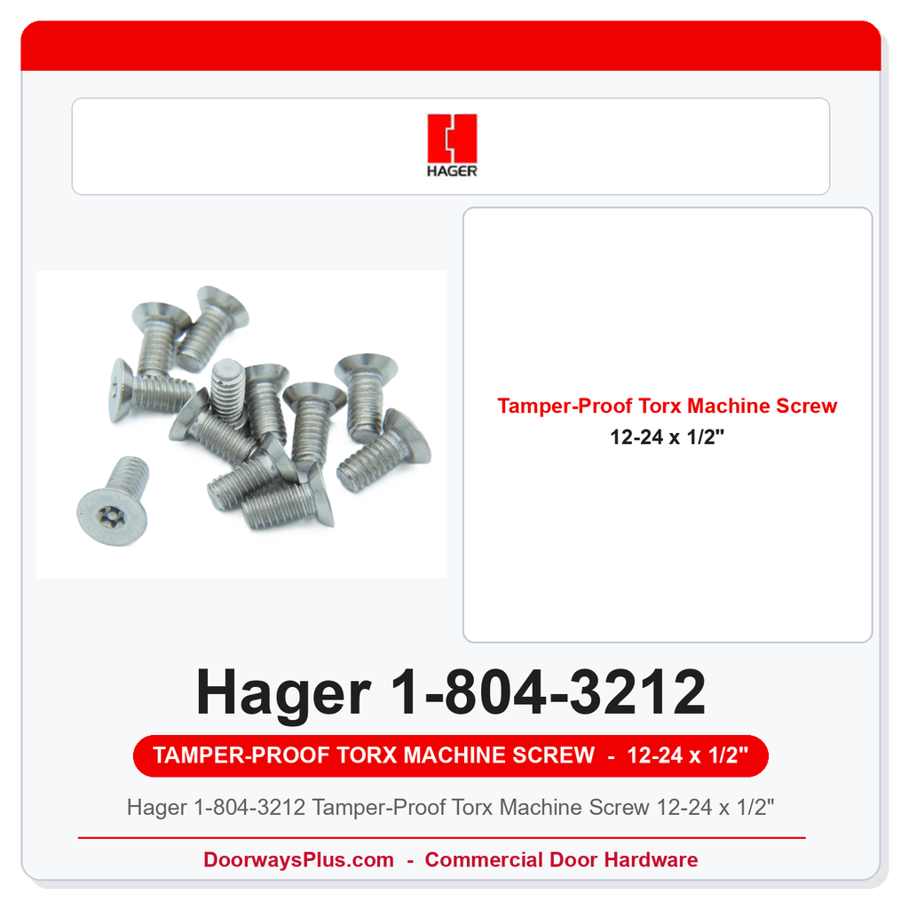 Hager 1-804-3212 Tamper-Proof Torx Machine Screw 12-24 x 1/2" | Security Hinge Fastener