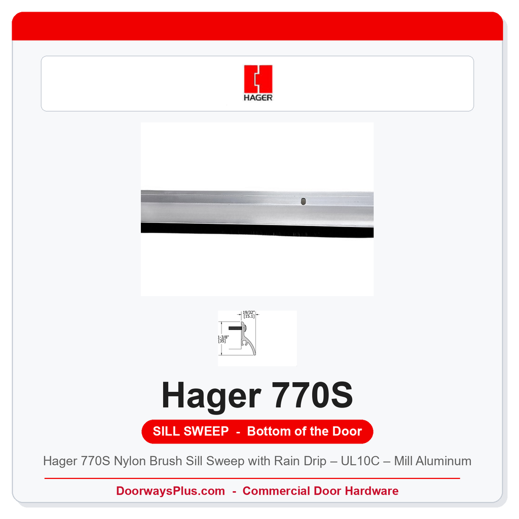 Hager 770S Nylon Brush Sill Sweep with Rain Drip – UL10C – Mill Aluminum