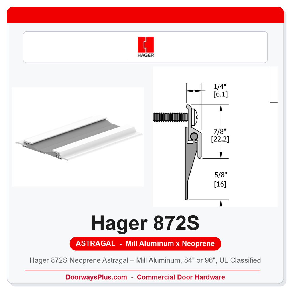 Hager 872S Neoprene Astragal – Mill Aluminum, 84" or 96", UL Classified
