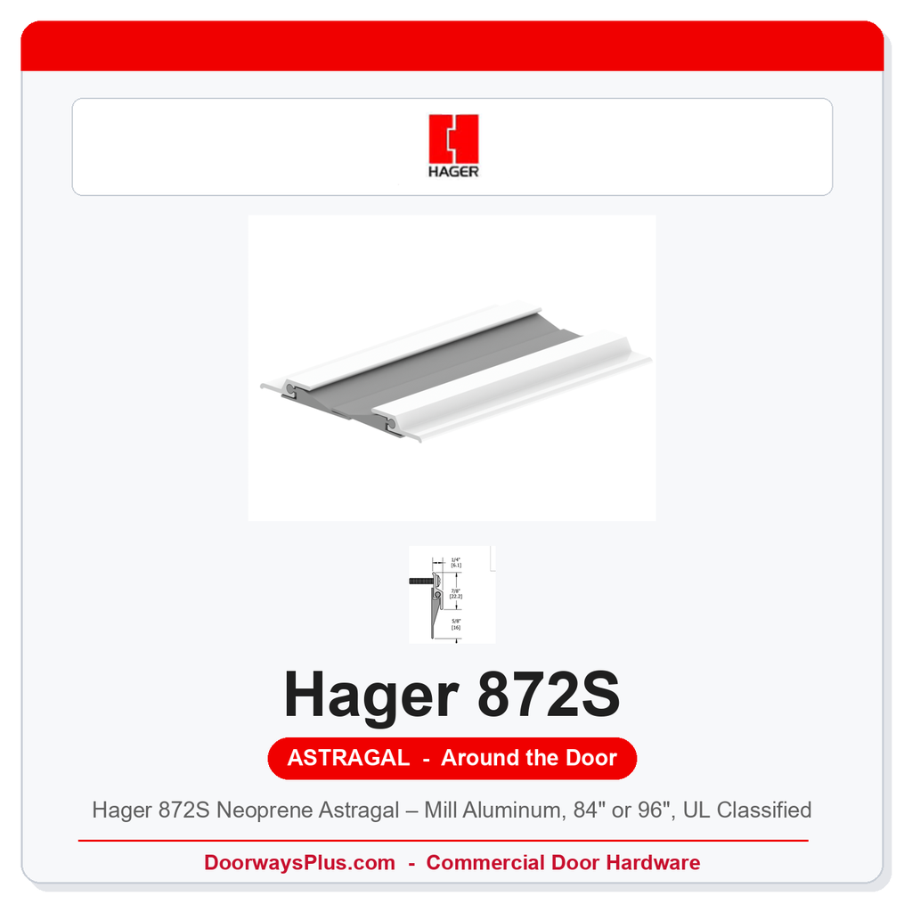 Hager 872S Neoprene Astragal – Mill Aluminum, 84" or 96", UL Classified