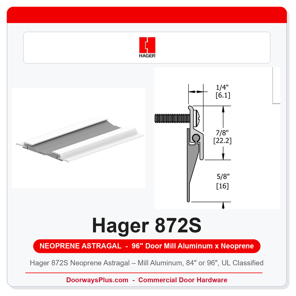 Hager 872S Neoprene Astragal – Mill Aluminum, 84" or 96", UL Classified