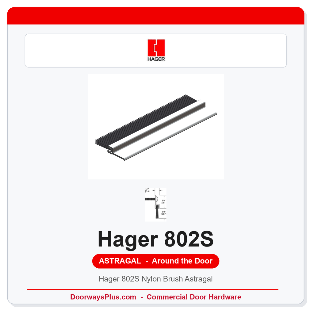 Hager 802S Nylon Brush Astragal | UL Fire Rated | Mill Aluminum | 84" or 96"
