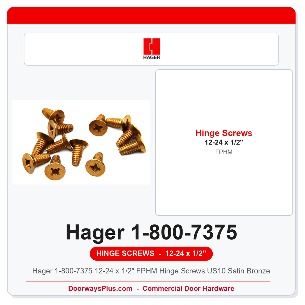 Hager 1-800-7375 12-24 x 1/2" FPHM Hinge Screws US10 Satin Bronze | Pkg of 12 or 100