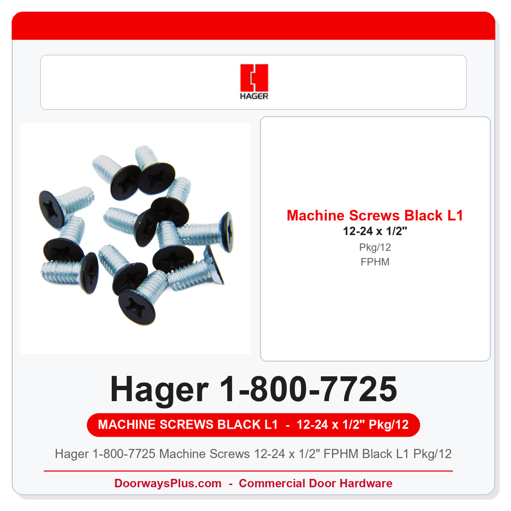 Hager 1-800-7725 Machine Screws 12-24 x 1/2" FPHM Black L1 Pkg/12