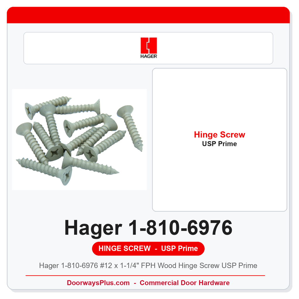 Hager 1-810-6976 #12 x 1-1/4" FPH Wood Hinge Screw USP Prime | Pkg of 12 or 100