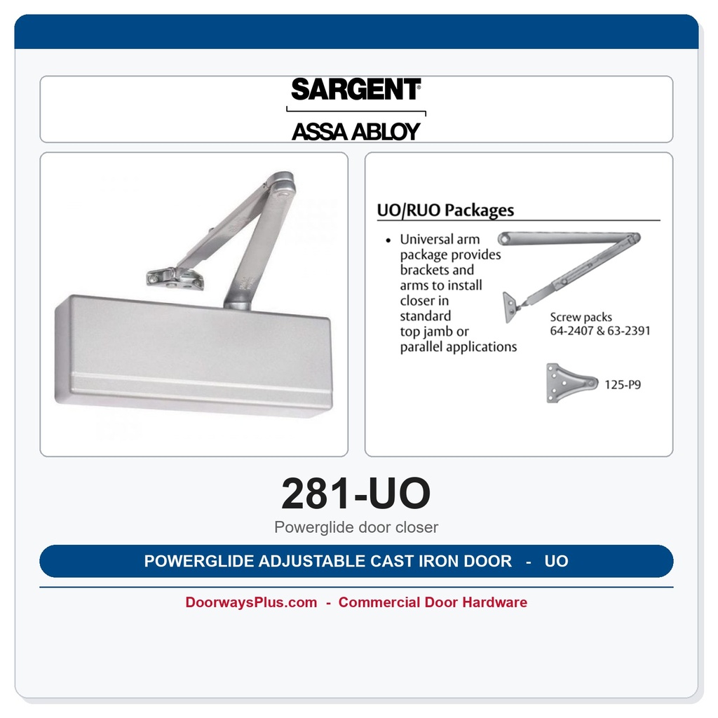 Sargent 281-UO Powerglide Adjustable Cast Iron Door Closer – ANSI Grade 1, ADA, UL Fire Rated 3-Hour