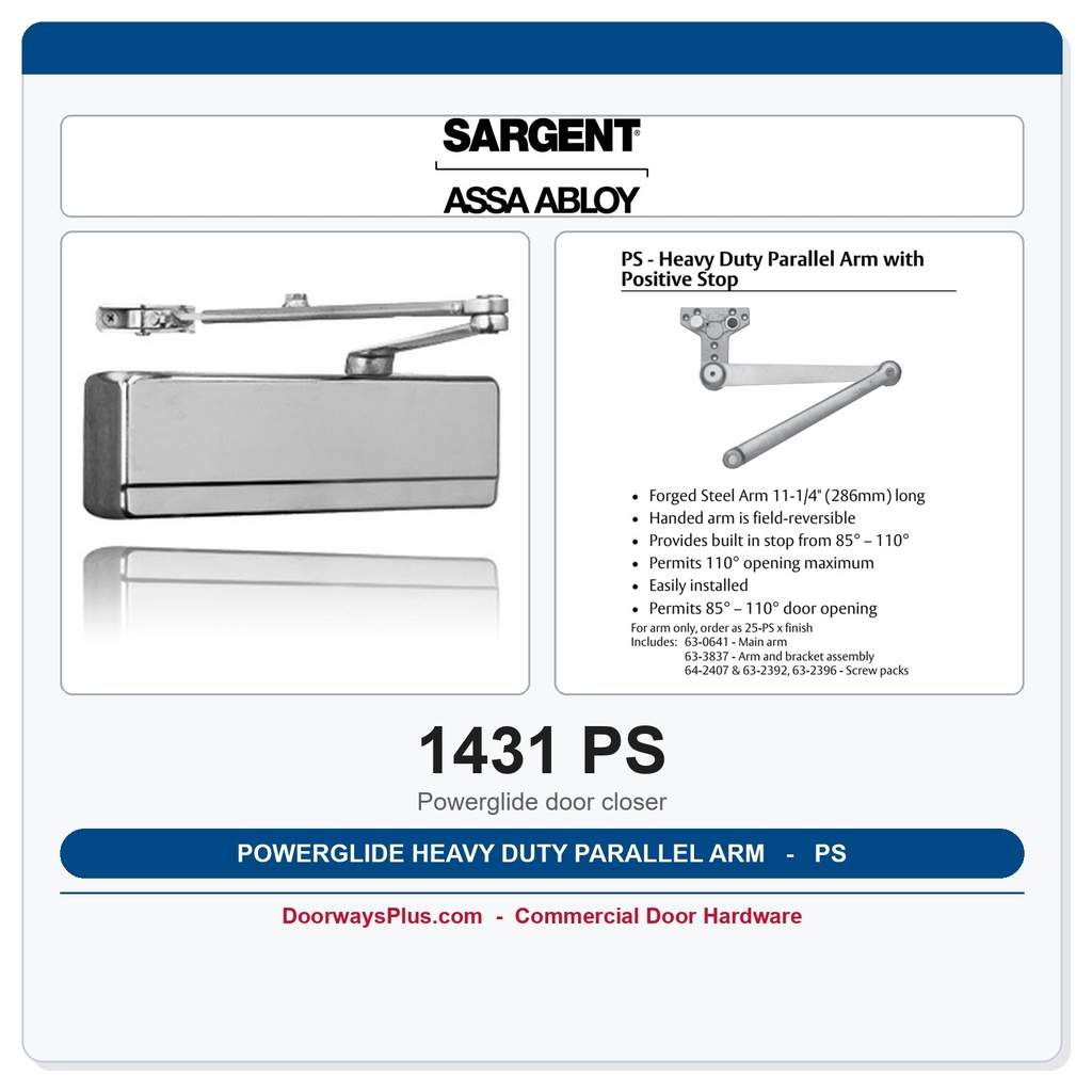 Sargent 1431 PS Powerglide Heavy Duty Parallel Arm Door Closer with Positive Stop | ANSI Grade 1