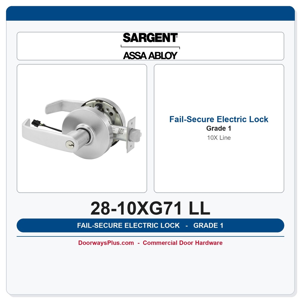 Sargent 28-10XG71 LL Fail Secure Electric Cylindrical Lock, Grade 1 Heavy Duty, RX Monitoring