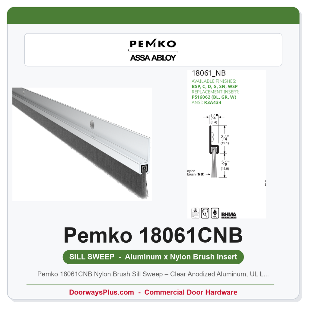 Pemko 18061CNB Nylon Brush Sill Sweep – Clear Anodized Aluminum, UL Listed