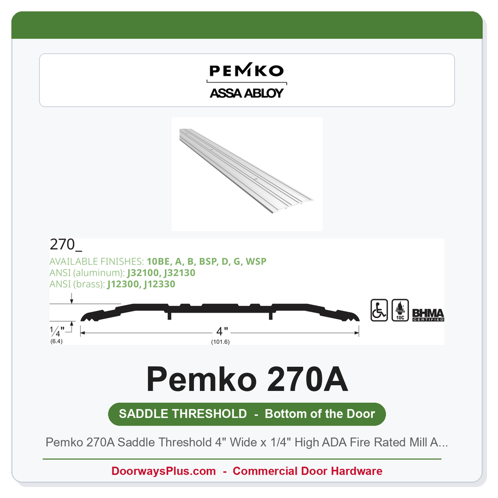 Pemko 270A Saddle Threshold 4" Wide x 1/4" High ADA Fire Rated Mill Aluminum