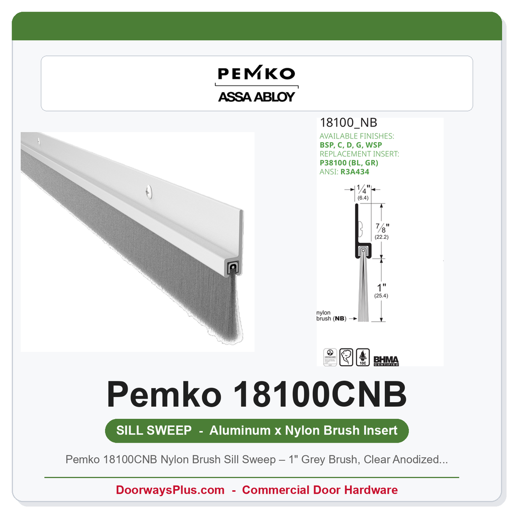 Pemko 18100CNB Nylon Brush Sill Sweep – 1" Grey Brush, Clear Anodized Aluminum, 36" & 48"