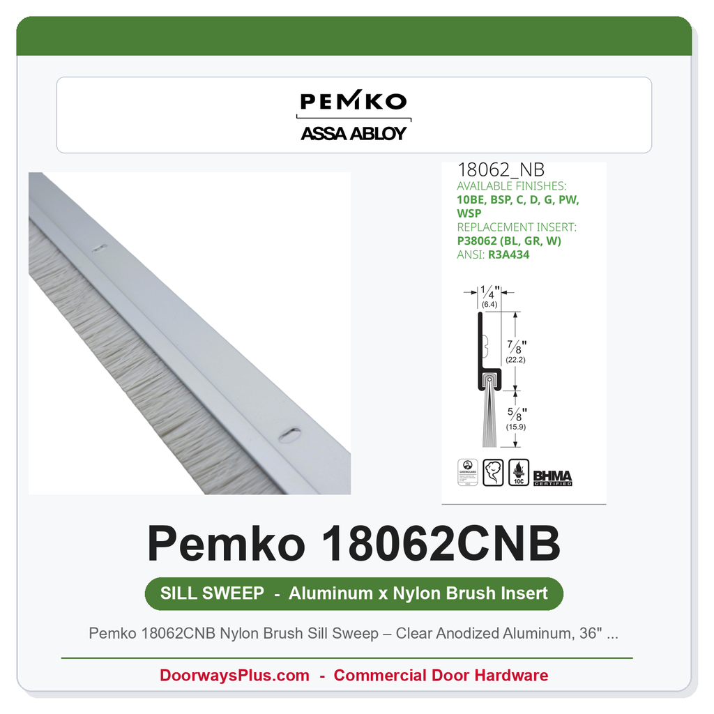 Pemko 18062CNB Nylon Brush Sill Sweep – Clear Anodized Aluminum, 36" or 48"