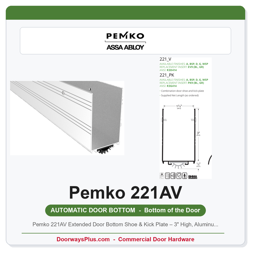 Pemko 221AV Extended Door Bottom Shoe & Kick Plate – 3" High, Aluminum, 1-3/4" Door