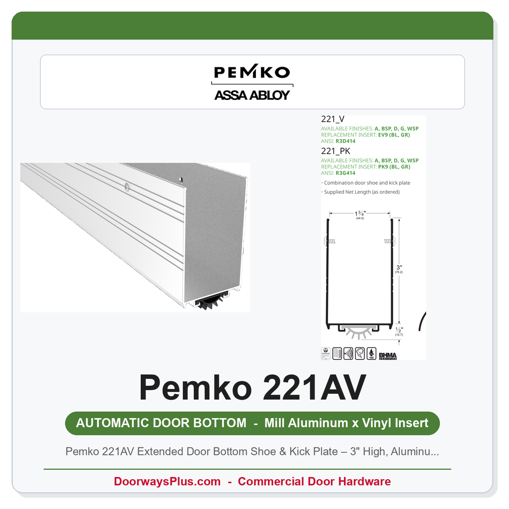 Pemko 221AV Extended Door Bottom Shoe & Kick Plate – 3" High, Aluminum, 1-3/4" Door