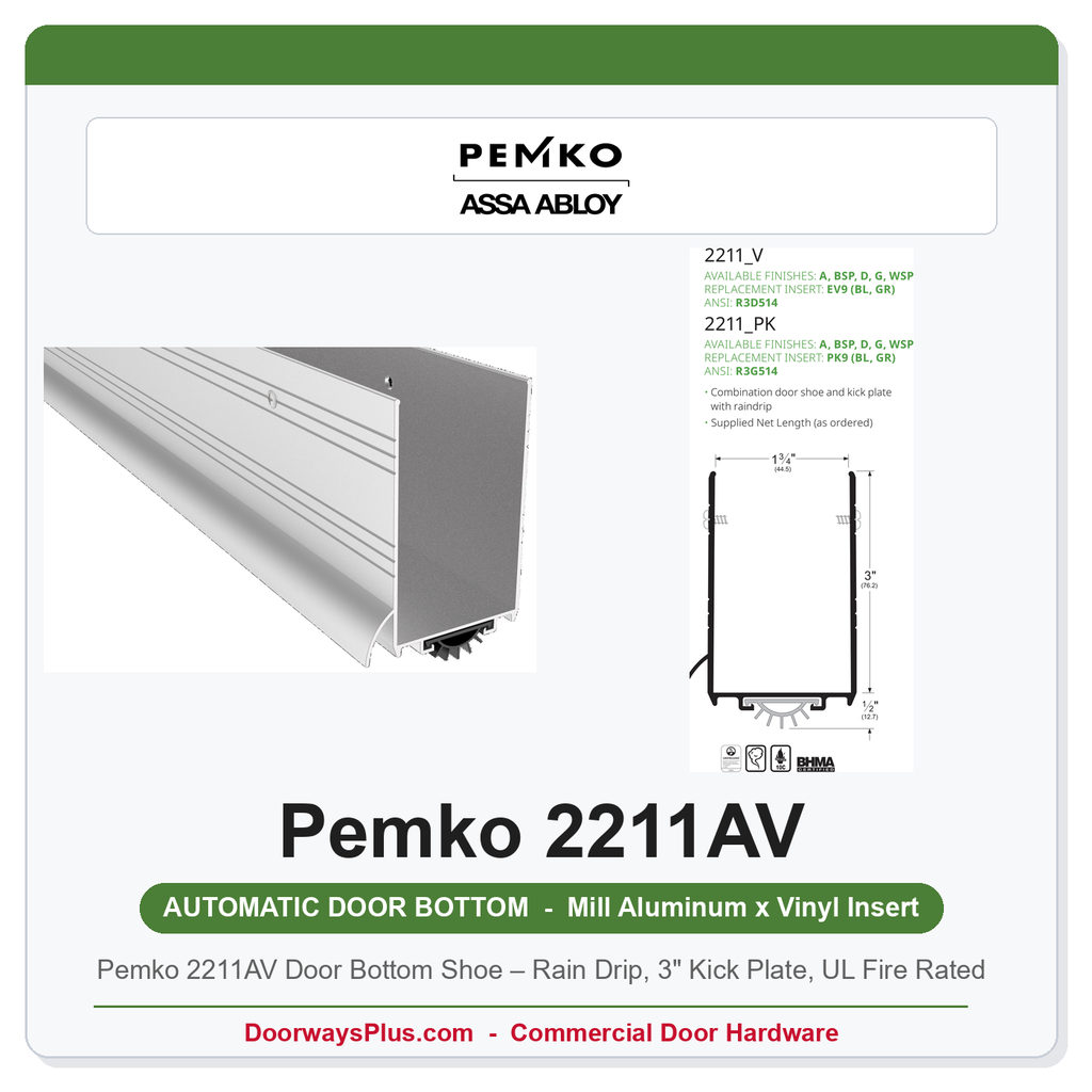 Pemko 2211AV Door Bottom Shoe – Rain Drip, 3" Kick Plate, UL Fire Rated