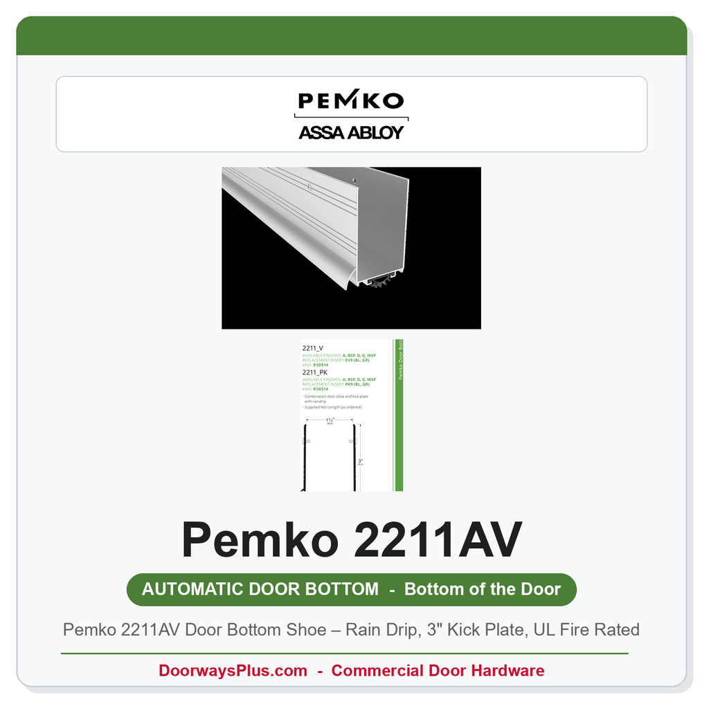 Pemko 2211AV Door Bottom Shoe – Rain Drip, 3" Kick Plate, UL Fire Rated
