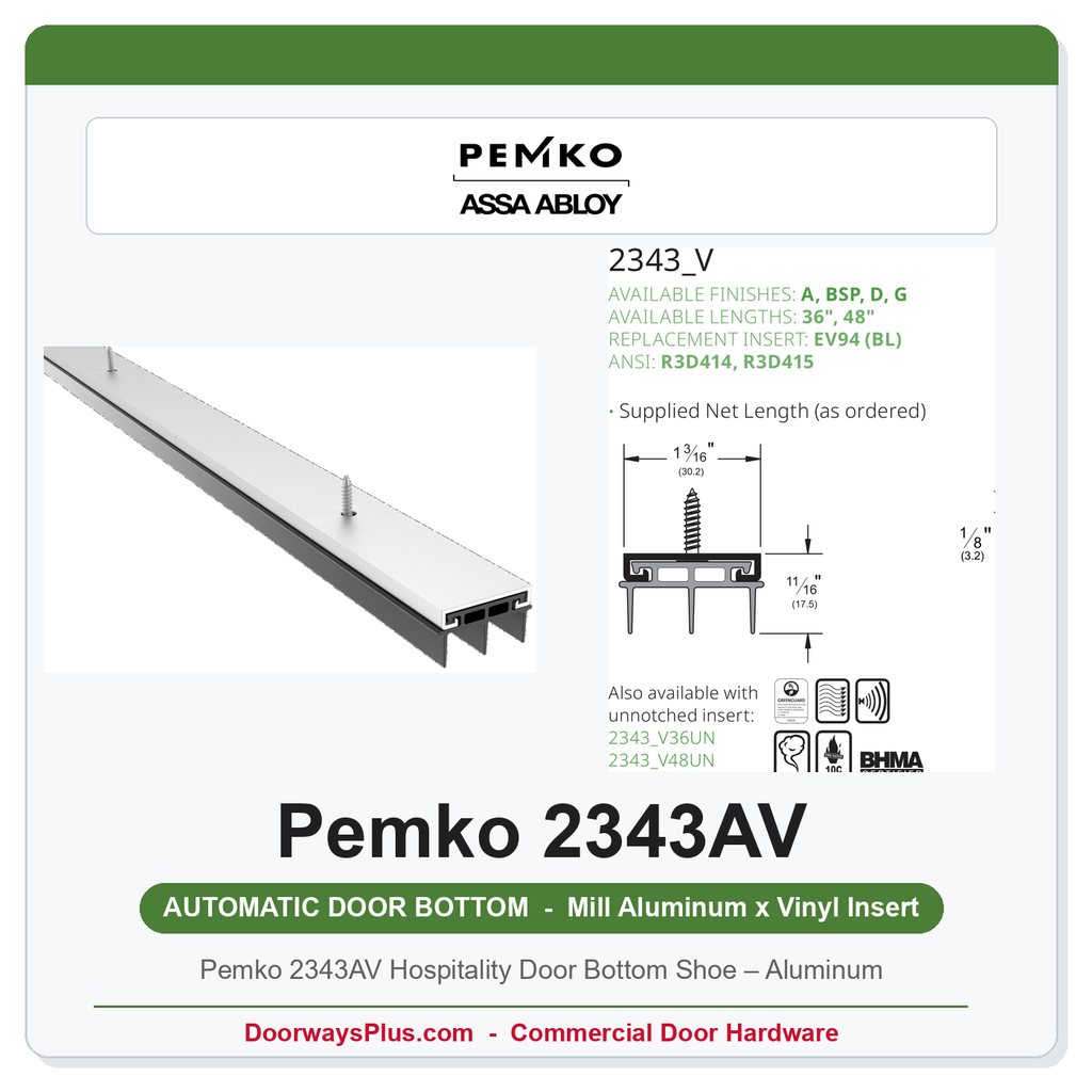 Pemko 2343AV Hospitality Door Bottom Shoe – Aluminum | UL Fire Rated 36" or 48"