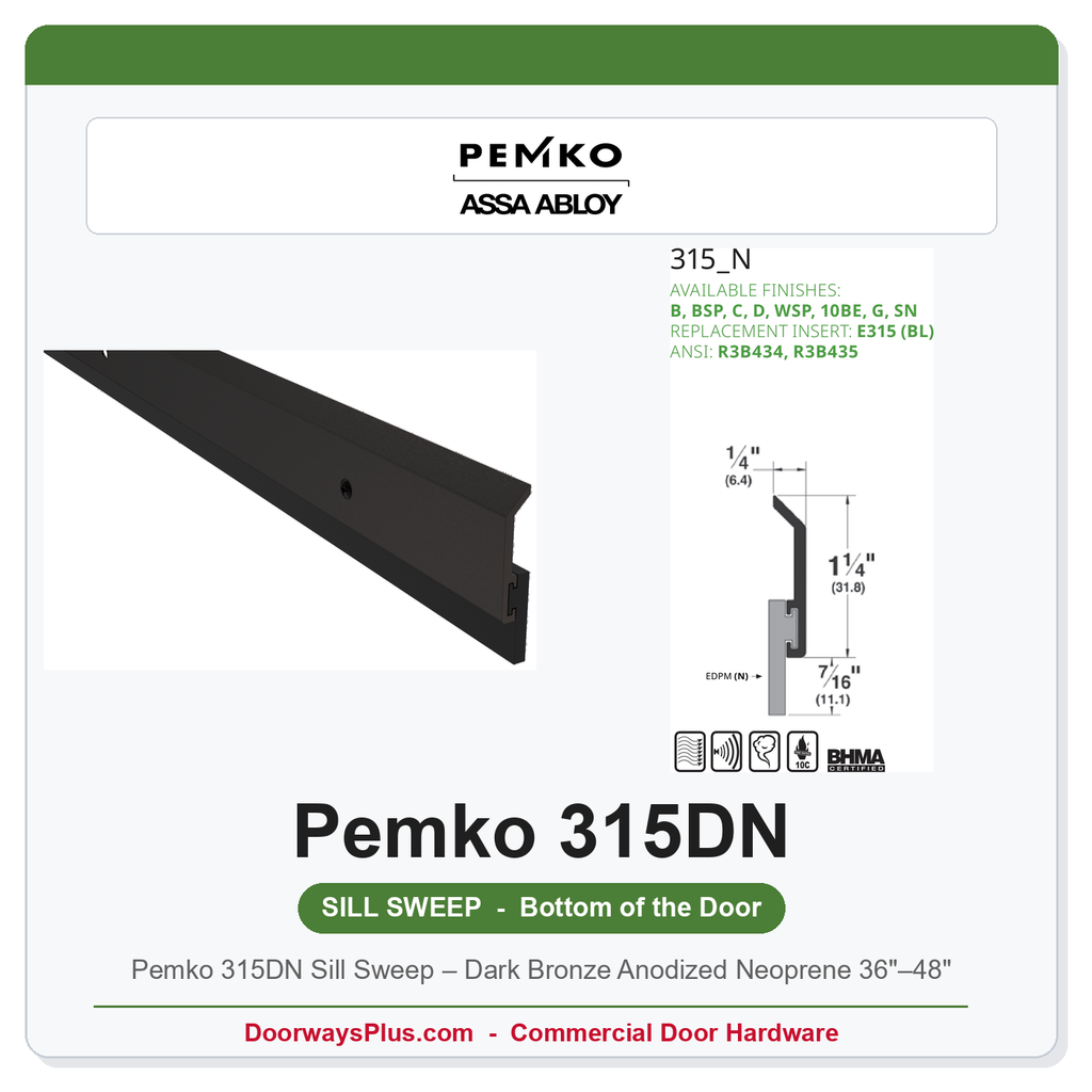 Pemko 315DN Sill Sweep – Dark Bronze Anodized Neoprene 36"–48" | UL 10C Fire Rated