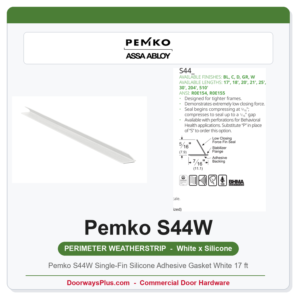Pemko S44W Single-Fin Silicone Adhesive Gasket White 17 ft | UL 10C Fire & UL 1784 Smoke Rated