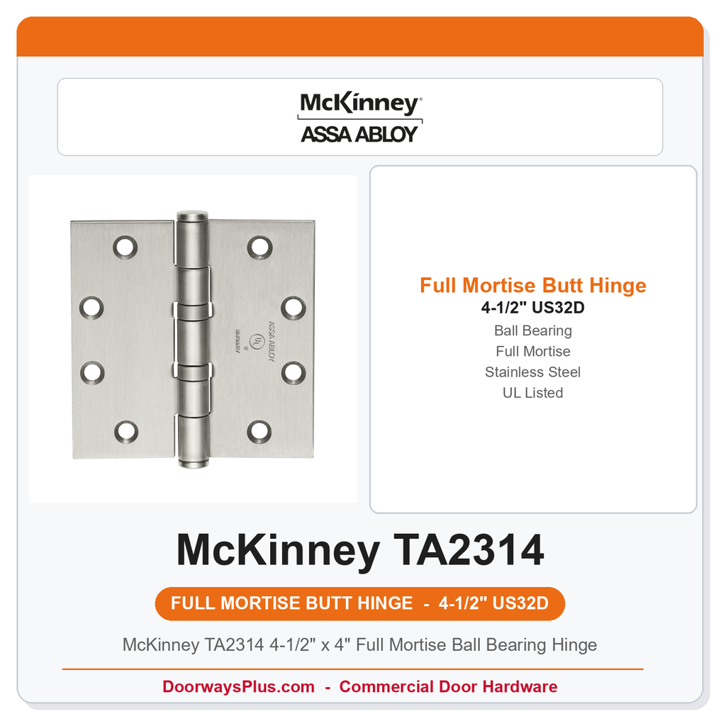 McKinney TA2314 4-1/2" x 4" Full Mortise Ball Bearing Hinge | 5-Knuckle, UL Fire Rated, US32D Satin Stainless