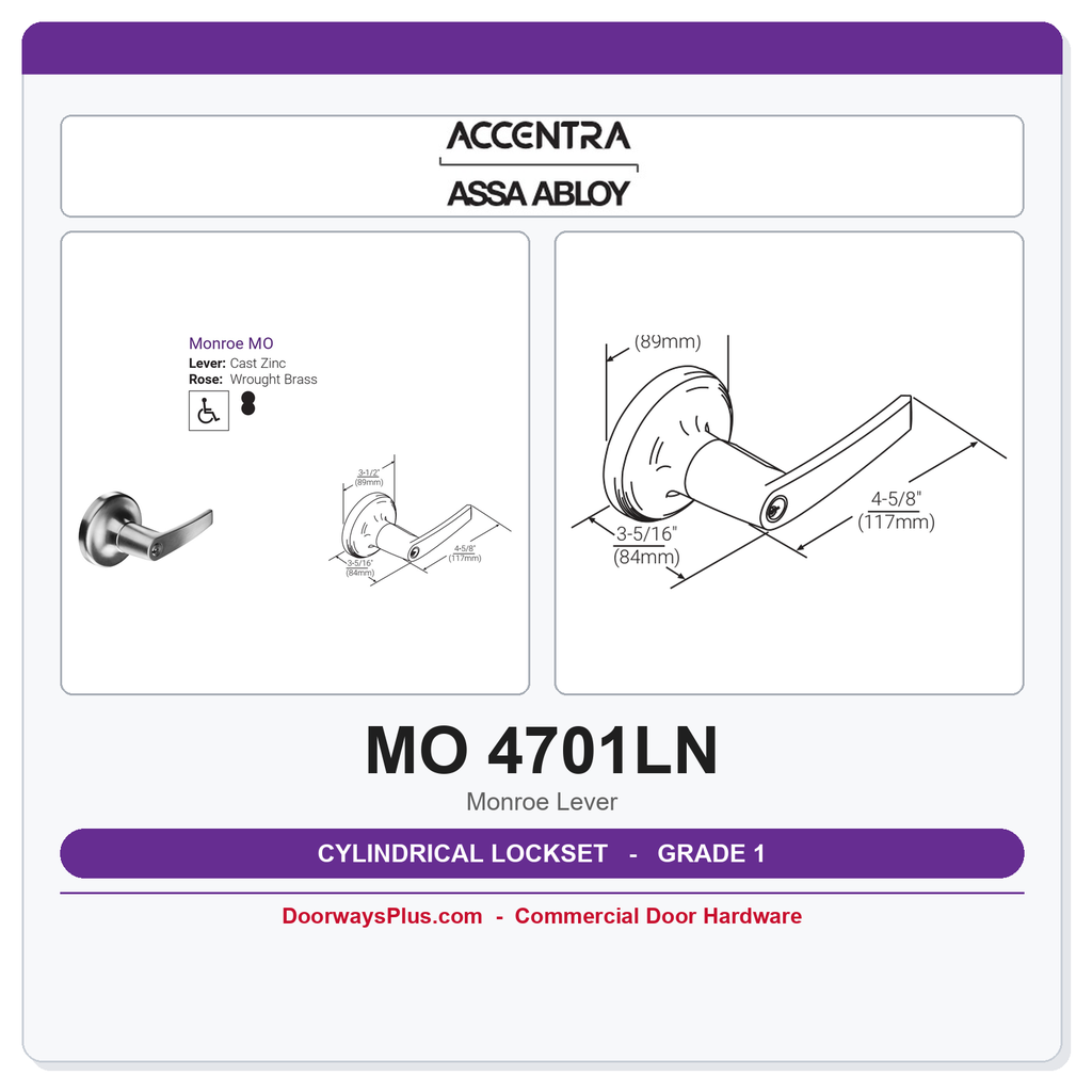 Accentra MO 4701LN Grade 1 Passage Latchset – ADA, UL 3-Hr Fire Rated