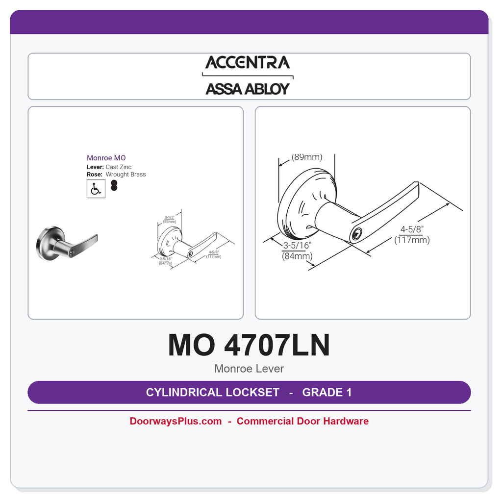 Accentra 4707LN Grade 1 Office Entry Cylindrical Lockset – Monroe (MO) Lever