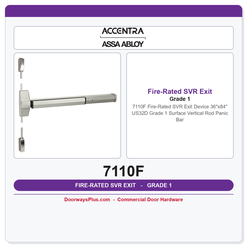 Accentra 7110F Fire-Rated SVR Exit Device 36"x84" US32D Grade 1 | Surface Vertical Rod Panic Bar