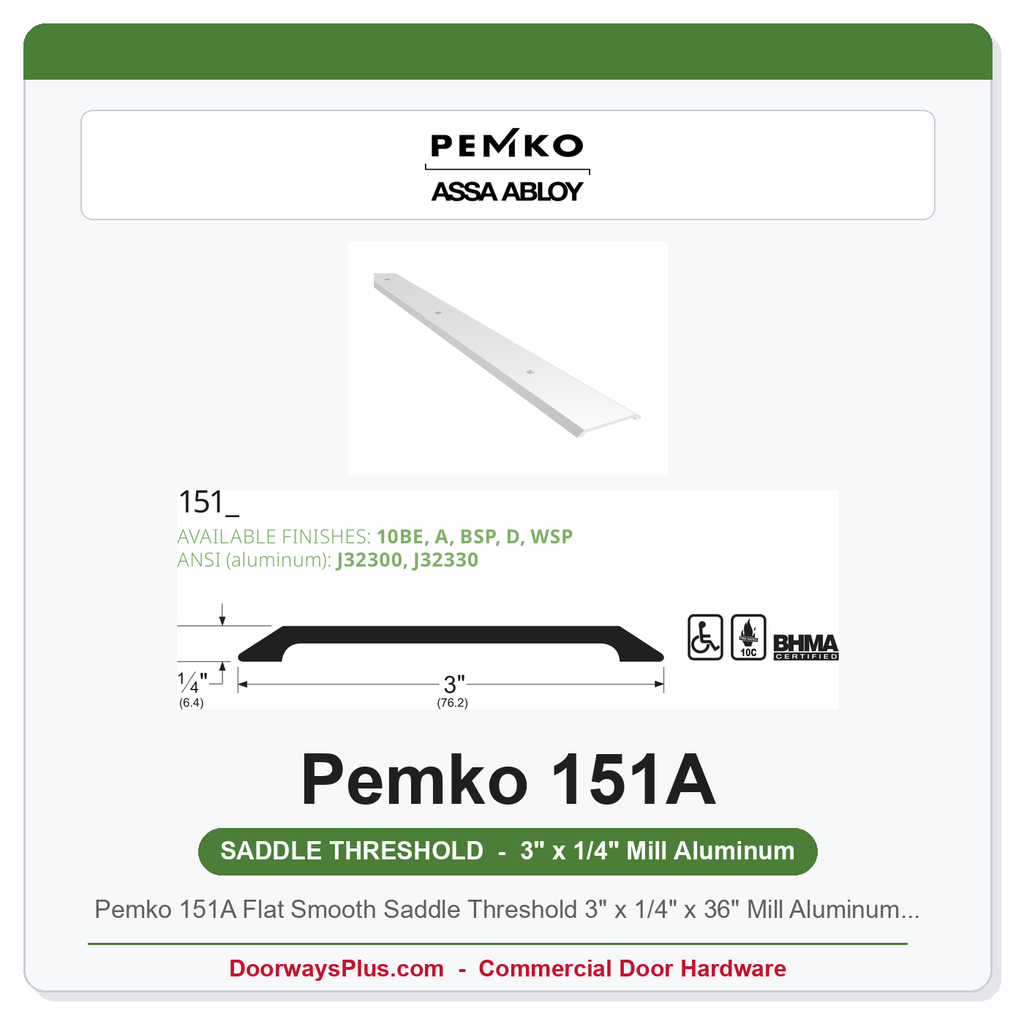 Pemko 151A Flat Smooth Saddle Threshold 3" x 1/4" x 36" Mill Aluminum ADA UL10C
