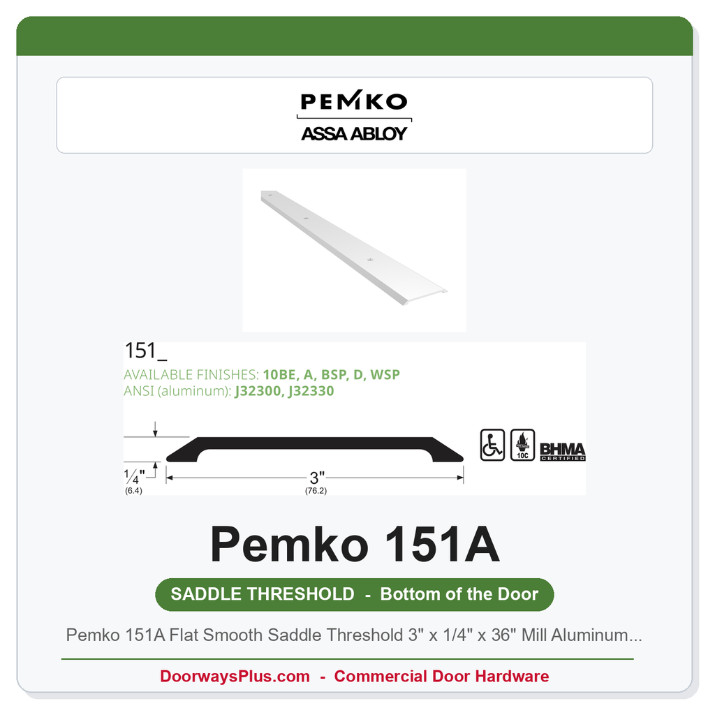 Pemko 151A Flat Smooth Saddle Threshold 3" x 1/4" x 36" Mill Aluminum ADA UL10C