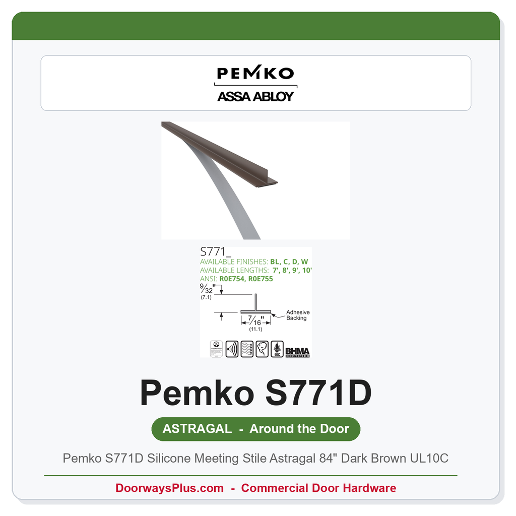 Pemko S771D Silicone Meeting Stile Astragal 84" Dark Brown UL10C