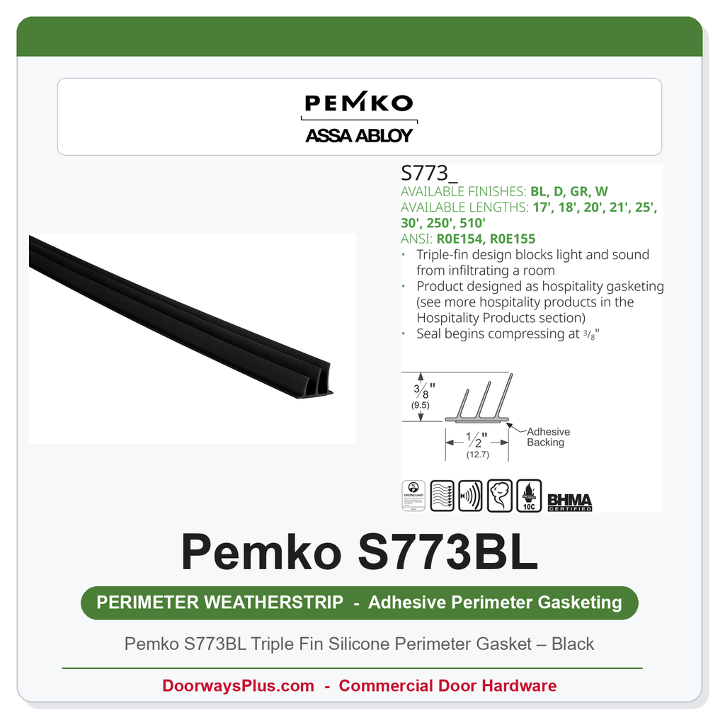 Pemko S773BL Triple Fin Silicone Perimeter Gasket – Black | Fire & Smoke Rated