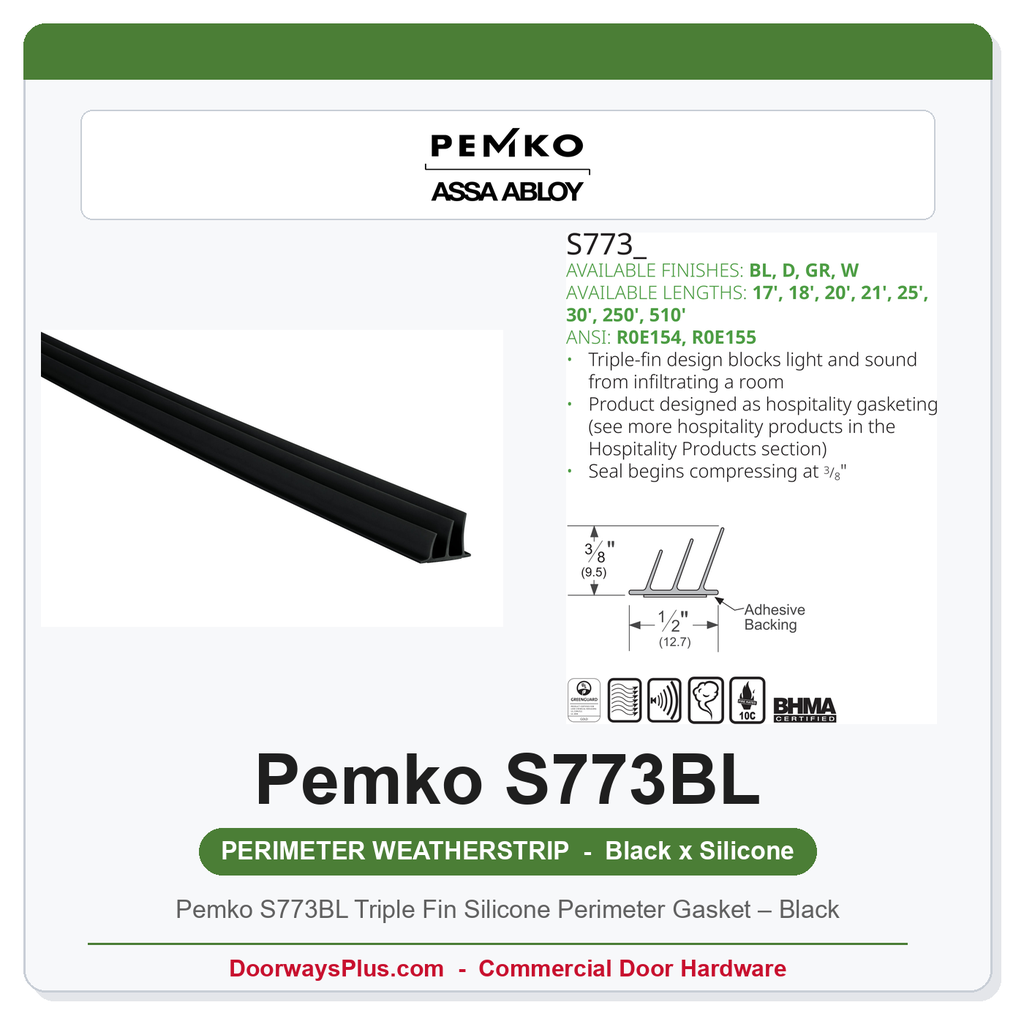 Pemko S773BL Triple Fin Silicone Perimeter Gasket – Black | Fire & Smoke Rated