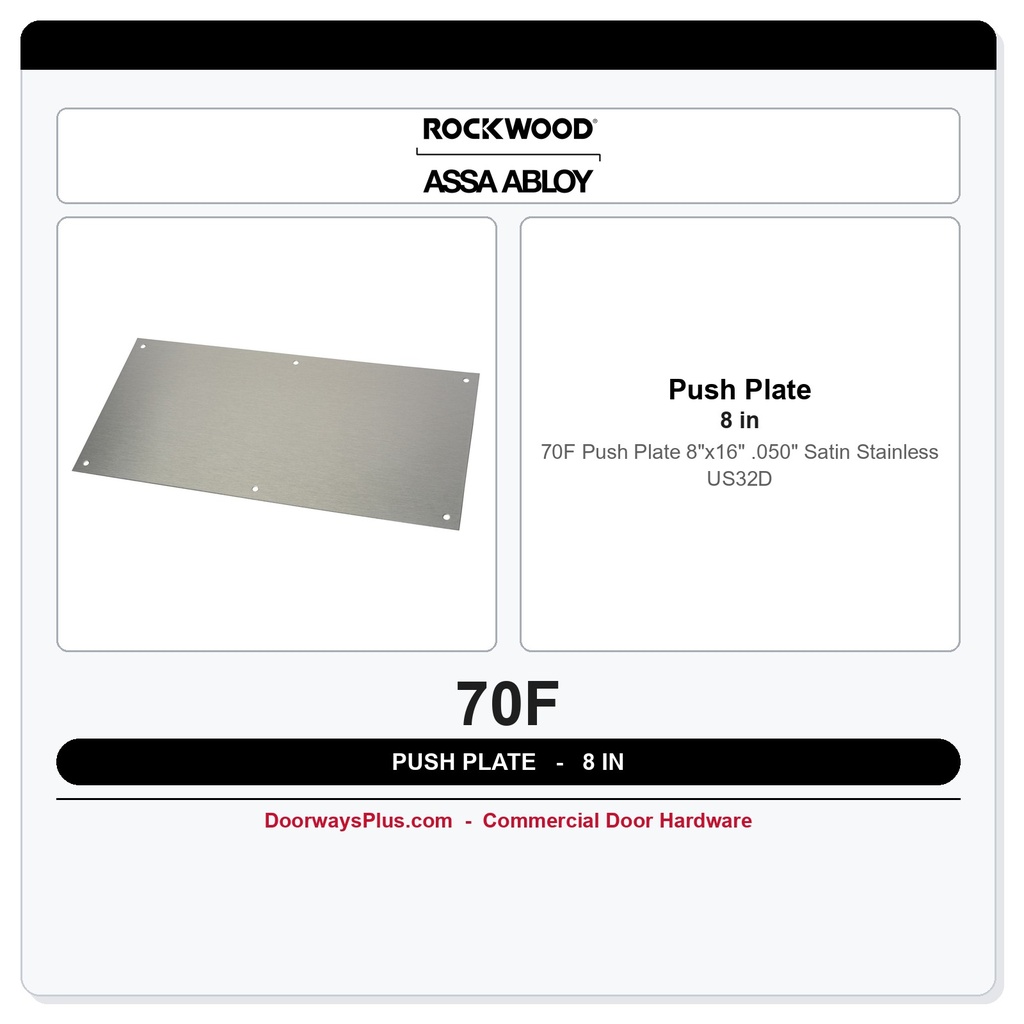 Rockwood 70F Push Plate 8"x16" .050" Satin Stainless US32D