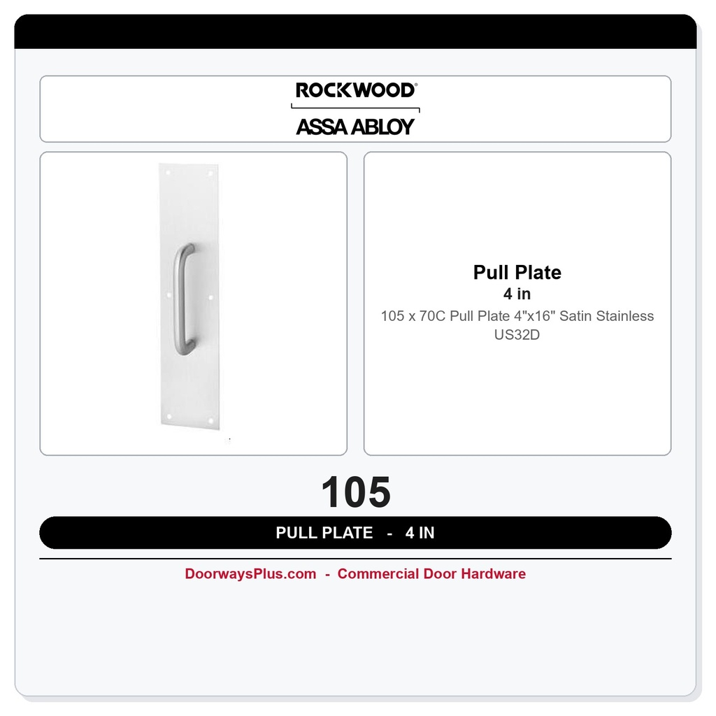 Rockwood 105 x 70C Pull Plate | 4"x16" Satin Stainless US32D