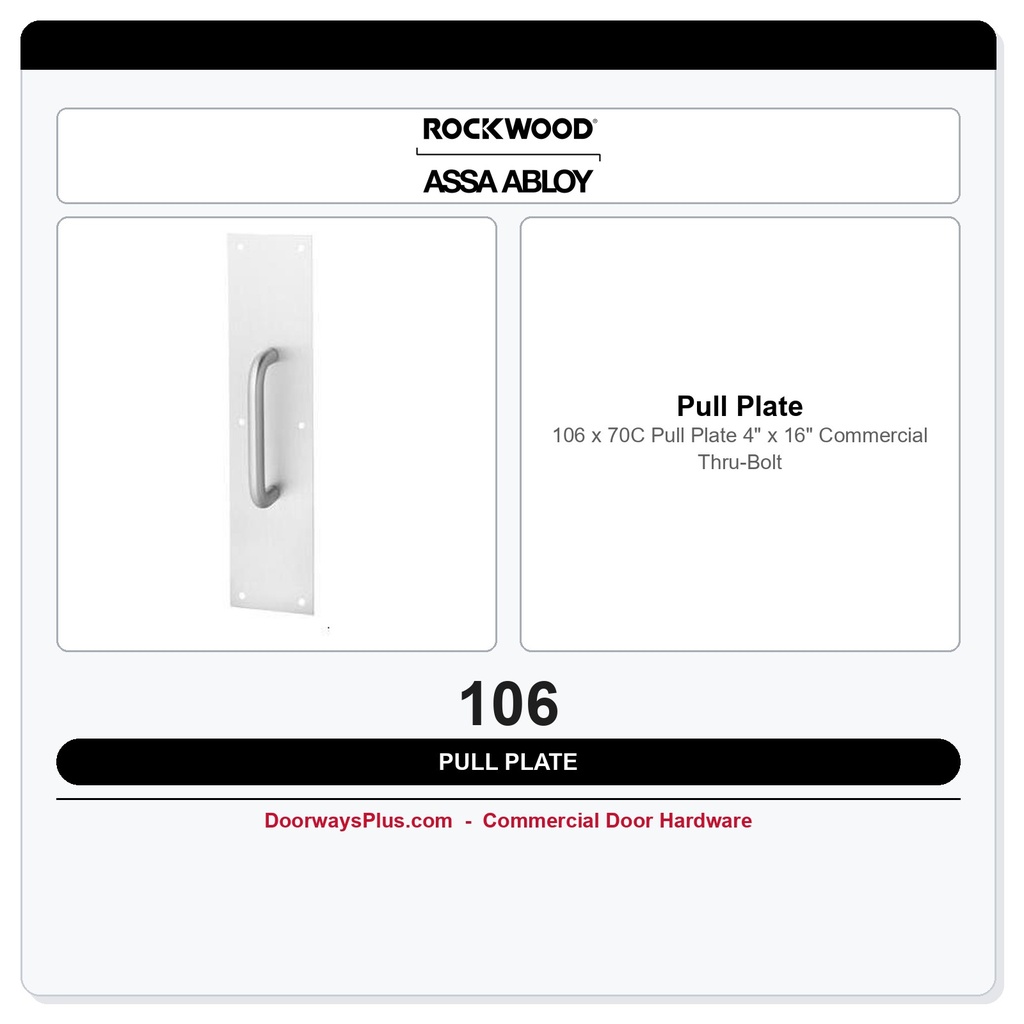 Rockwood 106 x 70C Pull Plate | 4" x 16" Commercial Thru-Bolt