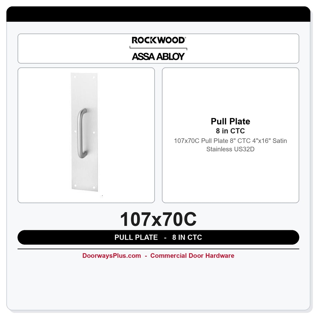 Rockwood 107x70C Pull Plate | 8" CTC | 4"x16" Satin Stainless US32D
