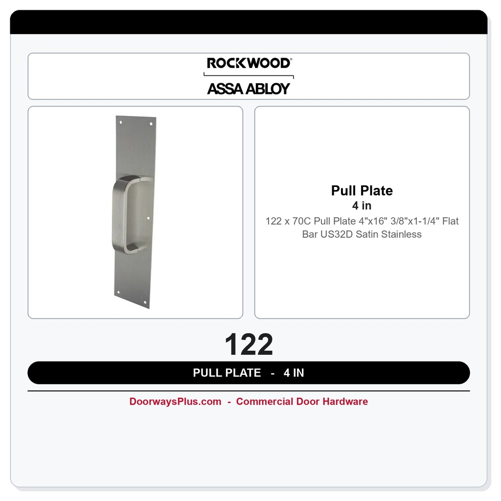 Rockwood 122 x 70C Pull Plate | 4"x16" | 3/8"x1-1/4" Flat Bar | US32D Satin Stainless