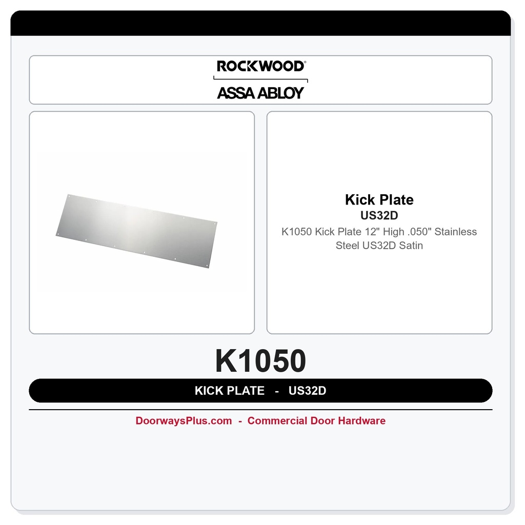 Rockwood K1050 Kick Plate | 12" High | .050" Stainless Steel US32D Satin